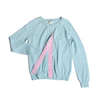 cardigan, sweater, girls, snap buttons, pink detail, light blue, foam, light green