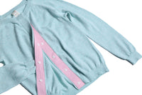 cardigan, sweater, girls, snap buttons, pink detail, light blue, foam, light green