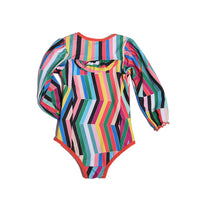 stripe, rainbow, ruffle, zipper, long sleeve, bathing suit, swim, one piece, girls