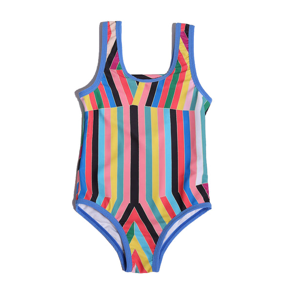 girls bathing suit, one piece, striped, rainbow, pattern, swim, blue hem