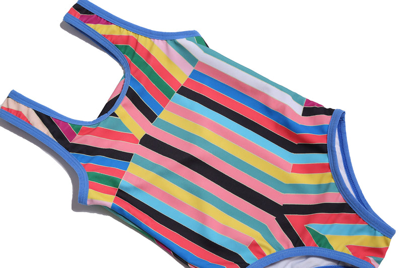 girls bathing suit, one piece, striped, rainbow, pattern, swim, blue hem