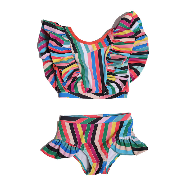 tankini, flounce, ruffle, bathing suit, two piece, stripe, pattern, print, rainbow, girls, front