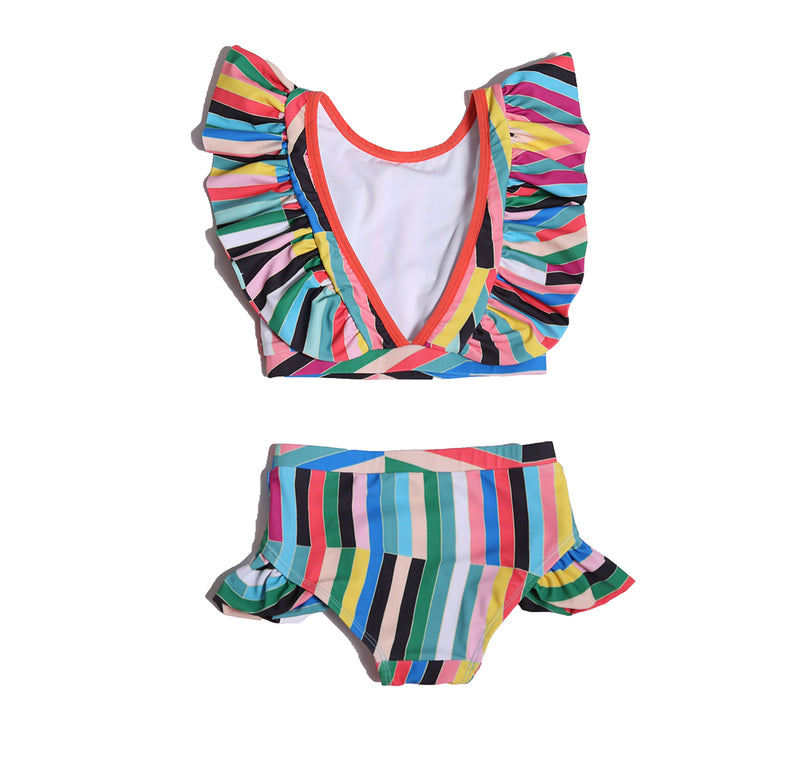 tankini, flounce, ruffle, bathing suit, two piece, stripe, pattern, print, rainbow, girls, back