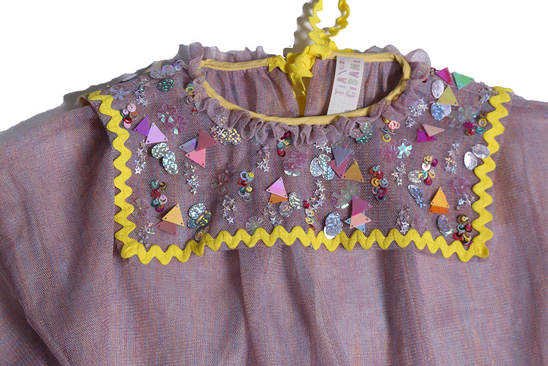 girls, top, blouse, shirt, purple, rainbow, mesh, tulle, ric rac trim, yellow, sailor, collar, sequins