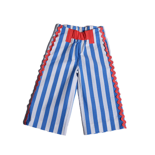 girls, pants, stripe, seersucker, blue, white, red, coral, ric rac trim