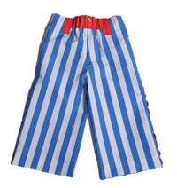 girls, pants, stripe, seersucker, blue, white, red, coral, ric rac trim