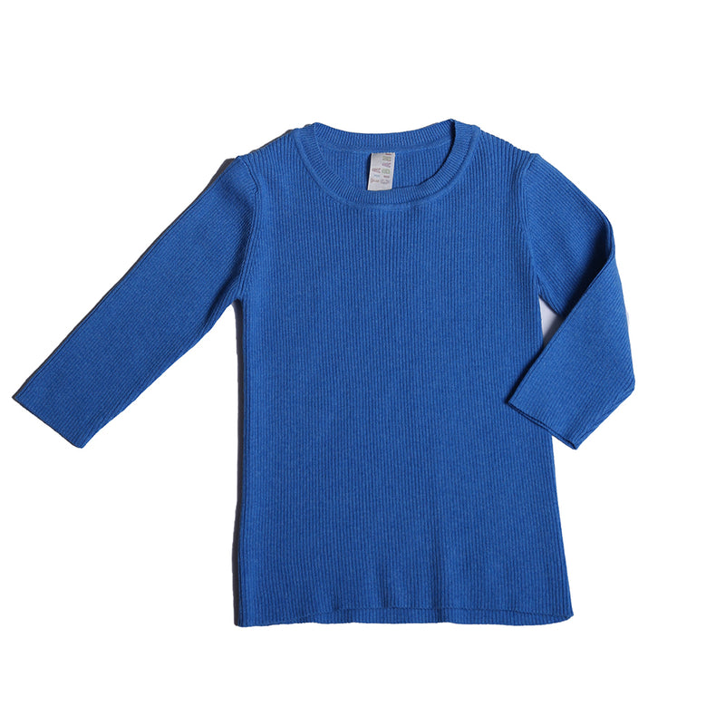 blue, 3/4 sleeve, knit, tops, crew neck, front