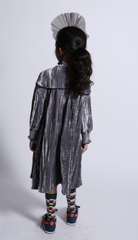 girls long sleeve frock dress with smocked mock neck in grey silk velvet